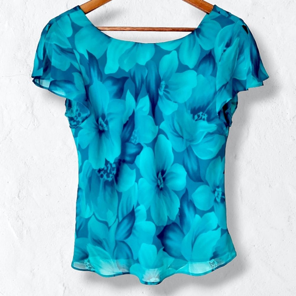 Studio I Blue Floral Blouse w/ Cowl Neck Back Sz 8 - Picture 1 of 8
